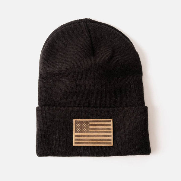 Leather American Flag Patch on Knit Beanie: Black, Made in USA