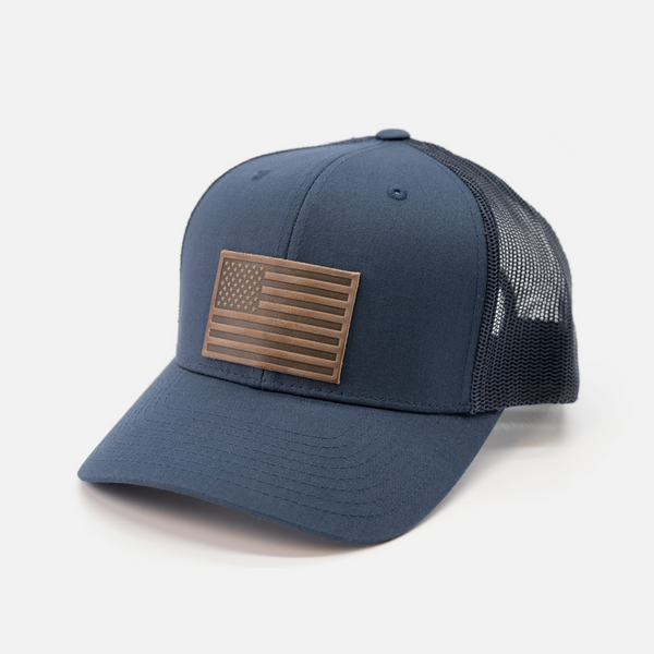 New: American Dark Navy Flag Hat - Leather Patch Trucker Snapback Cap Made in USA